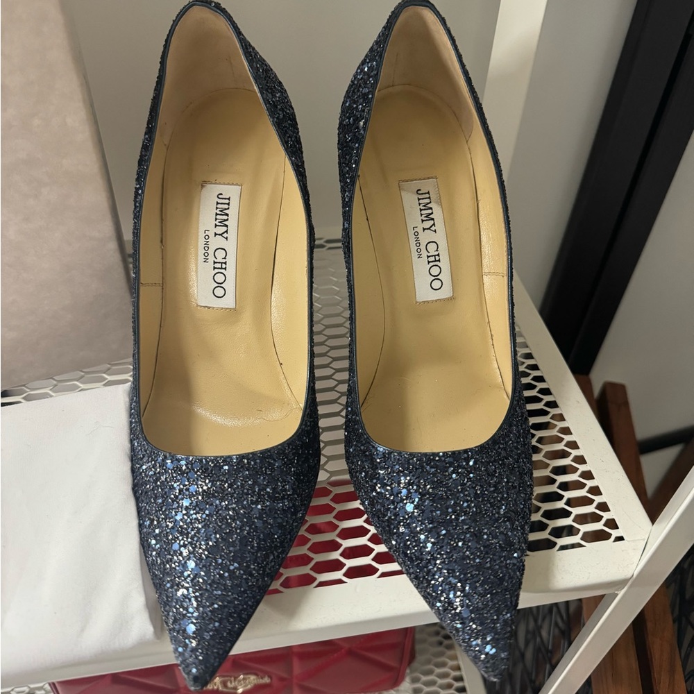 Jimmy Choo Navy Crackly Glitter Fabric Heels